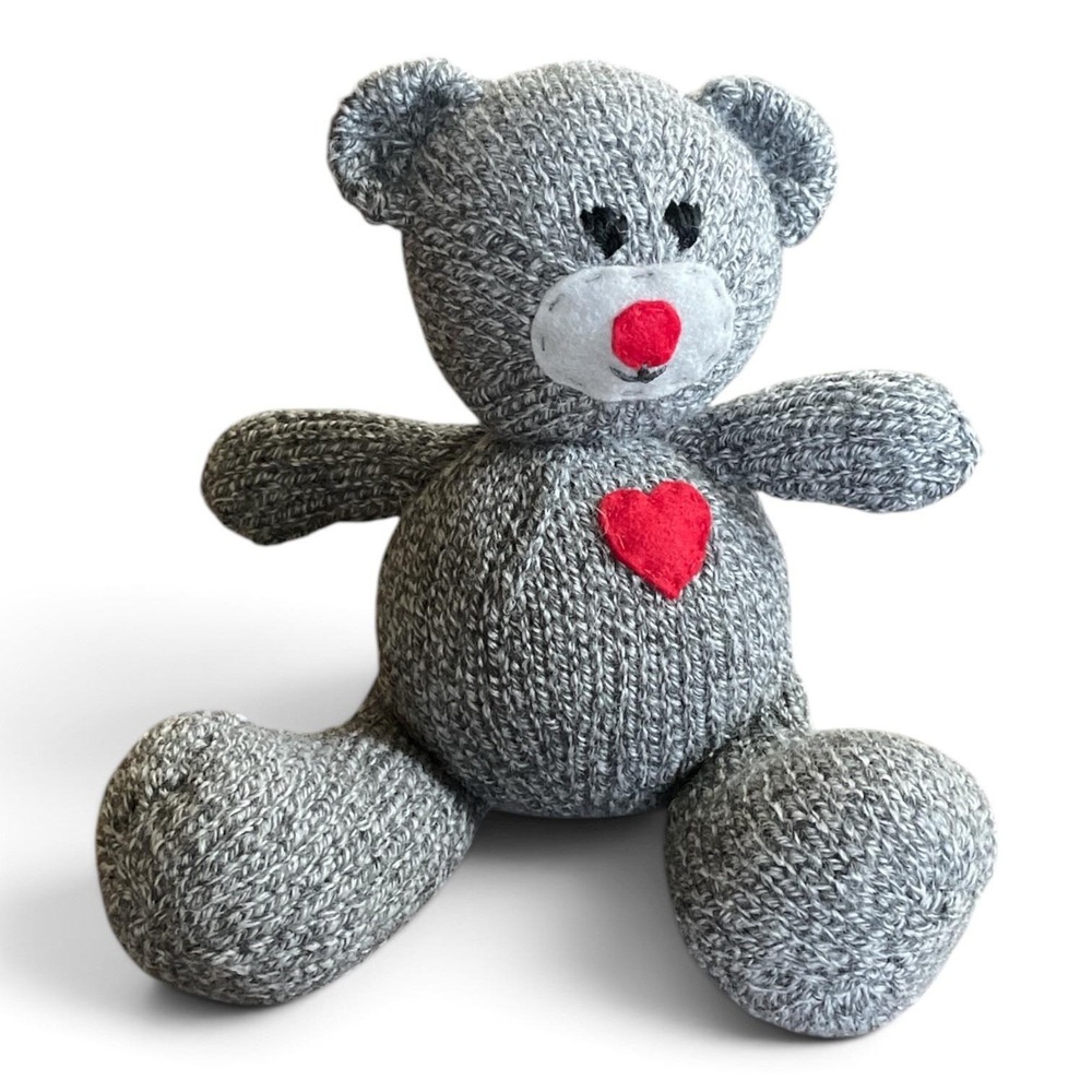 Handmade Bear Gray Plush Toy Teddy Bear Stuffed Animal with Heart Hand Knitted